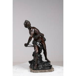After François Girardon (1628-1715) David armant sa fronde: After François Girardon (1628-1715)David armant sa frondeSculpture in bronze with brown patina and medal patina XIXth centuryH 64 cm socle in vein grey marble with spandrels.