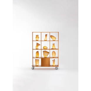 Andrea Branzi (born in 1938) WL07 - Wireless Collection: Andrea Branzi (born in 1938)WL07 - Wireless CollectionBookcase with eleven paper lamps Pear tree wood, metal and creased Japanese papreEdited by Design Gallery MilanoSigned, dated and numbered "ANDREA