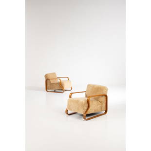 ƒ Alvar Aalto (1898-1976) Pair of armchairs, model no. 44: ƒ Alvar Aalto (1898-1976)Pair of armchairs, model no. 44Bent birch and fabricEdited by FinmarModel created in 1932H 69 x L 63 x W 90 cmBibliography:- Alvar Aalto: Second Nature, J. Eisenbrand and