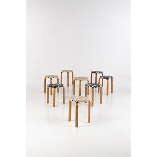 Alvar Aalto (1898-1976) Set of eight stools, model 60: Alvar Aalto (1898-1976)Set of eight stools, model 60Birch and fabricEdited by ArtekModel created in 1933H 45,5 x D 40 cmBibliography:- Alvar Aalto furniture, J. Pallasmaa, Museum of Finnish architectu