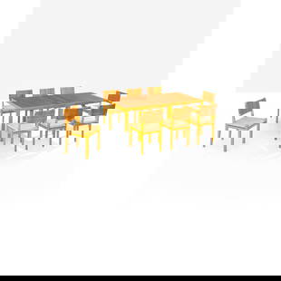 Alvar Aalto (1898-1976) Set composed of a table and eight chairs: Alvar Aalto (1898-1976)Set composed of a table and eight chairsBirch, mahogany, rattan and raffiaEdited by Huonekalu-ja RakennustyötehdasModel created circa 1950Table: H 74 x L 180 x W 90Chairs: