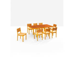 Alvar Aalto (1898-1976) Set composed of a table and eight chairs: Alvar Aalto (1898-1976)Set composed of a table and eight chairsBirch, mahogany, rattan and raffiaEdited by Huonekalu-ja RakennustyötehdasModel created circa 1950Table: H 74 x L 180 x W 90Chairs: