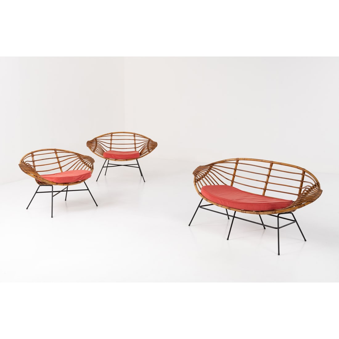 Janine Abraham (1929-2005) and Dirk-Jan Rol (born in 1929) 'Citron' pair of armchairs and and bench: Janine Abraham (1929-2005) and Dirk-Jan Rol (born in 1929)'Citron' pair of armchairs and and bench Rattan, lacquered metal and fabricEdited by RougierModel created in 1957Armchairs: H 63×L 100