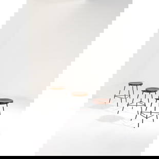 ƒ Pierre Jeanneret (1896-1967) Set of three stools: ƒ Pierre Jeanneret (1896-1967)Set of three stoolsTeak and metalModel created circa 1960H 48ר 41,5cmProvenance:- Various administrative buildings, Chandigarh, India- Purchased directly