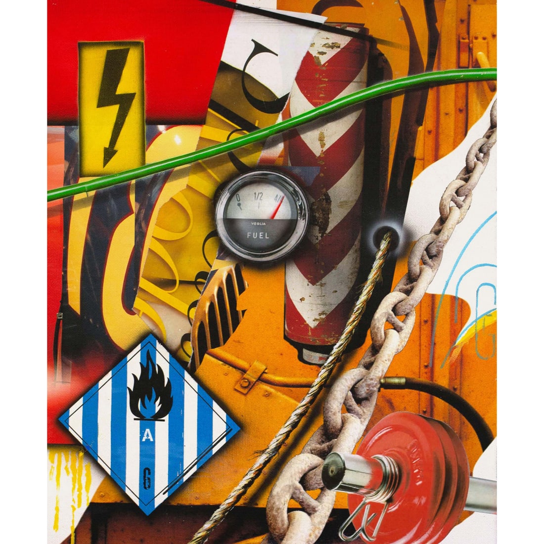 Peter Klasen (born in 1935) Fuel / Inflammable / Bleu / Ficelle, 2017: Peter Klasen (born in 1935)Fuel / Inflammable / Bleu / Ficelle, 2017Mixed media on silkscreened canvasSigned, dated and titled on the back46 x 38 cmProvenance :Private collection, ParisExhibition: Par