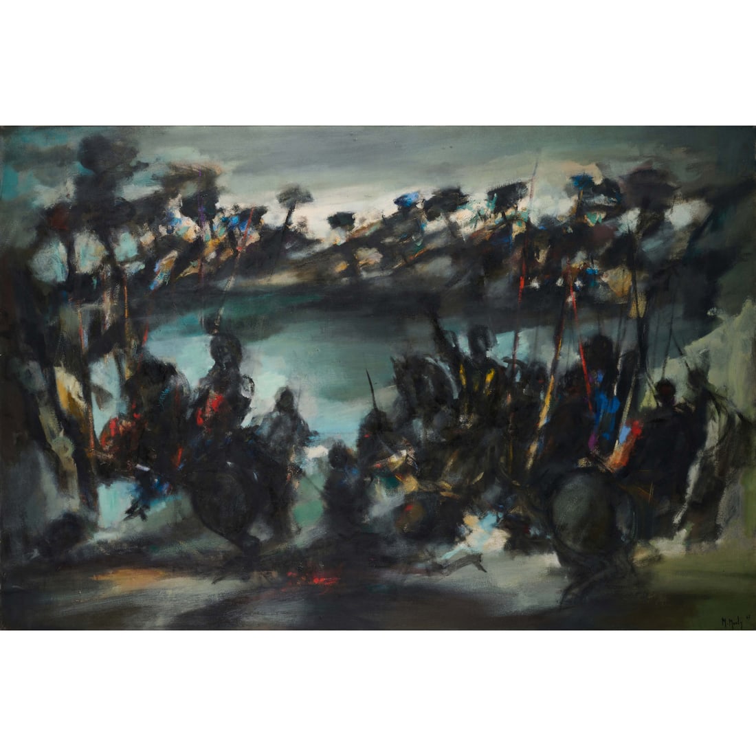 Marcel Mouly (1918-2008) La chevauchée devant le lac, 1967: Marcel Mouly (1918-2008)La chevauchée devant le lac, 1967Oil on canvasSigned and dated on the bottom rightCountersigned, dated, titled and located on the back130 x 196 cmProvenance : Private coll