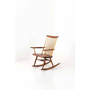 George Nakashima (1905-1990) Rocking chair - Special order: George Nakashima (1905-1990)Rocking chair - Special orderWalnutInscribed with "Guralnick" beneath the seatingModel created circa 1980H 93 × L 55 × P 74 cm