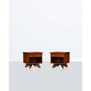 George Nakashima (1905-1990) Pair of bedside tables: George Nakashima (1905-1990)Pair of bedside tablesWalnut and brassEdited by WiddicombSigned "George Nakashima" beneath the drawersModel created in 1965H 54 × L 56 × P 53 cm