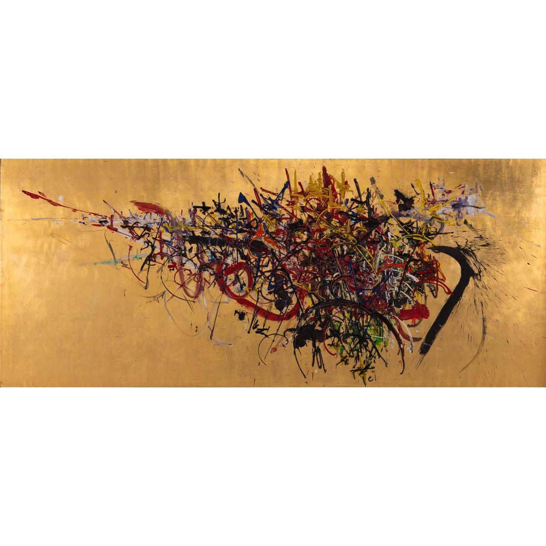 ƒ Georges Mathieu (1921-2012) La Bataille des Éperons d'or, Bruxelles, 29 juillet 1957: ƒ Georges Mathieu (1921-2012)La Bataille des Éperons d’or, Bruxelles, 29 juillet 1957Oil on canvas and gold leafSigned, dated and located lower rightDated and titled on back on stretcher160 x 400