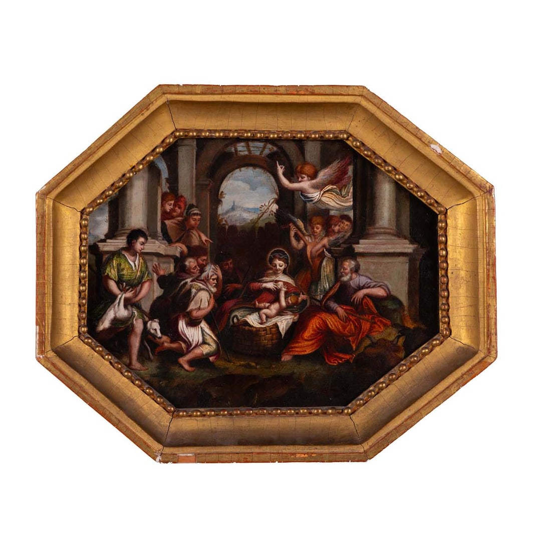 17th century EMILIAN school, follower of Bernardino CAMPI The Adoration of the shepherds: 17th century EMILIAN school, follower of Bernardino CAMPIThe Adoration of the shepherdsOctagonal slateHeight : 22 cmWidth : 28 cmInscriptions on the reverse of the slate and the reinforcing panel.