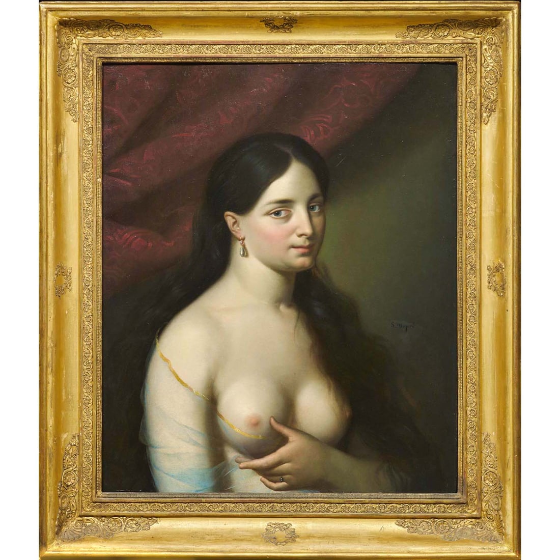 Georges DUPRE (Lyon 1807 - 1853) Buste de femme: Georges DUPRE (Lyon 1807 - 1853) Buste de femme Oak panel, not parqueted Height: 69 cm Width: 55.5 cm Signed on the right "G Duprés" Monogrammed and dated on the reverse "GD 1831" Bears a wax sta
