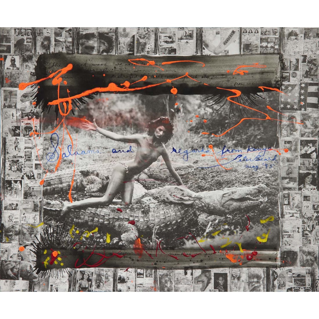 Peter Beard (1938-2020) Untitled, 1995 Offset print on roto paper and acrylic and ink highlights: Peter Beard (1938-2020)Untitled, 1995Offset print on roto paper and acrylic and ink highlightsSigned and sent in inkRare poster from Librairie-éditeur la Hune to promote Peter Beard's book, in 19