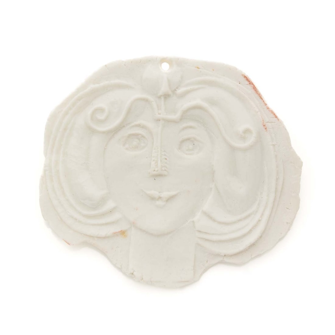 Roger CAPRON 1960s: Roger CAPRON1960sPartially enameled porcelain pendant adorned with a woman's face Dimensions: 5 x 5,7 cm