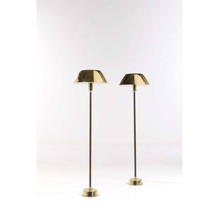 Lisa Johansson-Pape (1907-1989) Pair of 'Ihanne' floor lamps: Lisa Johansson-Pape (1907-1989)Pair of 'Ihanne' floor lampsBrass and leatherEdited by Stockmann OrnoModel created circa 1960H 148× Ø 42cmBibliography: Stockmann Orno commercial catalogue, 19