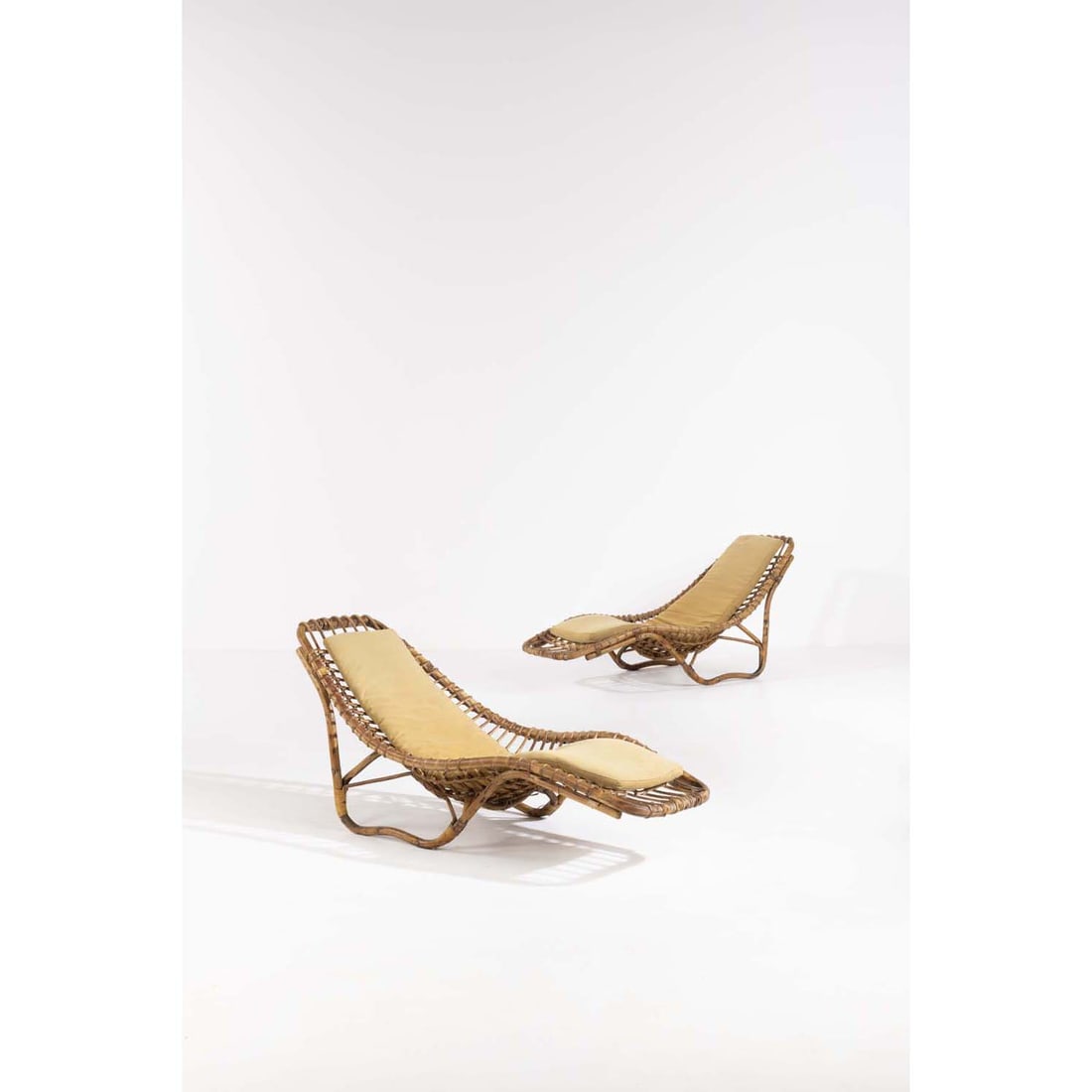Tito Agnoli (1931-2012) BR1: Tito Agnoli (1931-2012)BR1Pair of chaises longuesRattan and bambooH 69× L 165× W 70cm