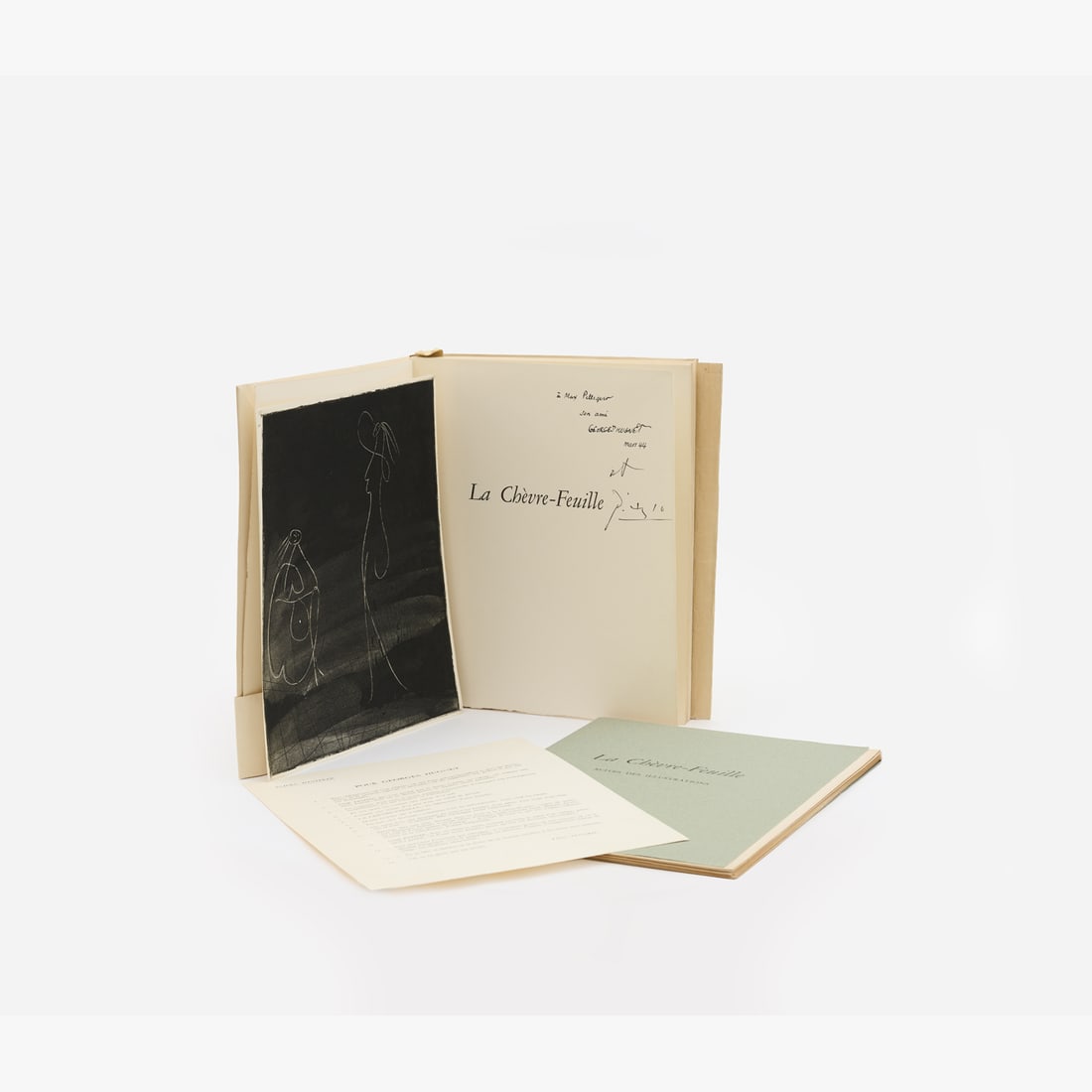 ◊ Georges Hugnet (1906-1974) La Chevre-Feuille. With six engravings by Pablo Picasso.: Georges Hugnet (1906-1974)La Chevre-Feuille. With six engravings by Pablo Picasso. Paris, Robert J. Godet publisher, 1943. In-4, stitched, with printed cover and sheetsFirst editionIllustrated with si