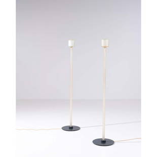 Piero Castiglioni (born in 1944) & Roberto Menghi (1920-2006): Piero Castiglioni (born in 1944)& Roberto Menghi (1920-2006) Model 2074, 'Canna'Set of two floor lamps Glass and lacquered metal Edited by Fontana Arte Model created circa 1981 H 166 x Ø 35 cm