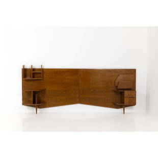 Gio Ponti (1891-1979) Wall-mounted headboards with integrated bedside tables: Gio Ponti (1891-1979) Wall-mounted headboards with integrated bedside tablesElm wood Model created circa 1950 H 131 x 307 x 40 cm Bibliography:- S. Bouilhet-Dumas, D. Forest and S. Licitra, 'GioPonti