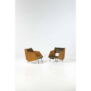 Carlo de Carli (1910-1999) Pair of armchairs: Carlo de Carli (1910-1999) Pair of armchairs Stained birch, brass and fabric Model created circa 1950 H 75 x L 60 x W 65 cm Bibliography: Domus, no. 268, 1952 unpaginated