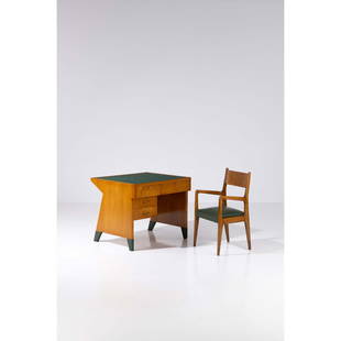 Gio Ponti (1891-1979) Desk and armchair: Gio Ponti (1891-1979) Desk and armchair Walnut, lacquered metal, melamine, brass and leather Model created circa 1950 H 83 × L 100 × W 85 (desk)H 97 × L 57 × 45 cm (armchair)