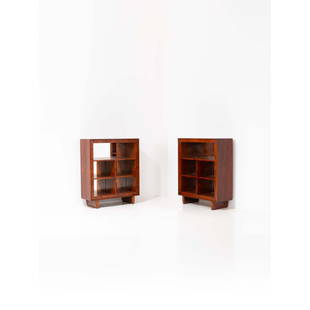 Marcello Piacentini (1881-1960), attributed to Pair of bookcases: Marcello Piacentini (1881-1960), attributed to Pair of bookcases Walnut, thuya root and mirror Model created circa 1950 H 121 × L 100 × W 37,5 cm Provenance: Private residence, Rome, decorated by Ma