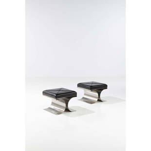 Michel Boyer (1935-2011) Pair of ‘X’ stools: Michel Boyer (1935-2011)Pair of ‘X’ stoolsBrushed steel and fabricEdited by RouveModel created in 1968H 39×L 51 ×W 51 cmBibliography:- "Les Décorateurs des années 60/70