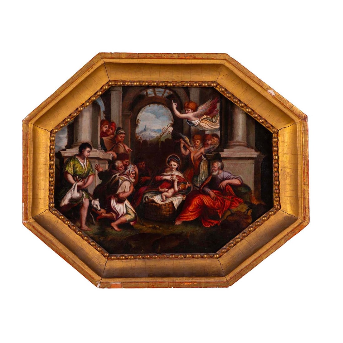 17th century EMILIAN school, follower of Bernardino CAMPI The Adoration of the shepherds: 17th century EMILIAN school, follower of Bernardino CAMPIThe Adoration of the shepherdsOctagonal slateHeight : 22 cmWidth : 28 cmInscriptions on the reverse of the slate and the reinforcing panel.