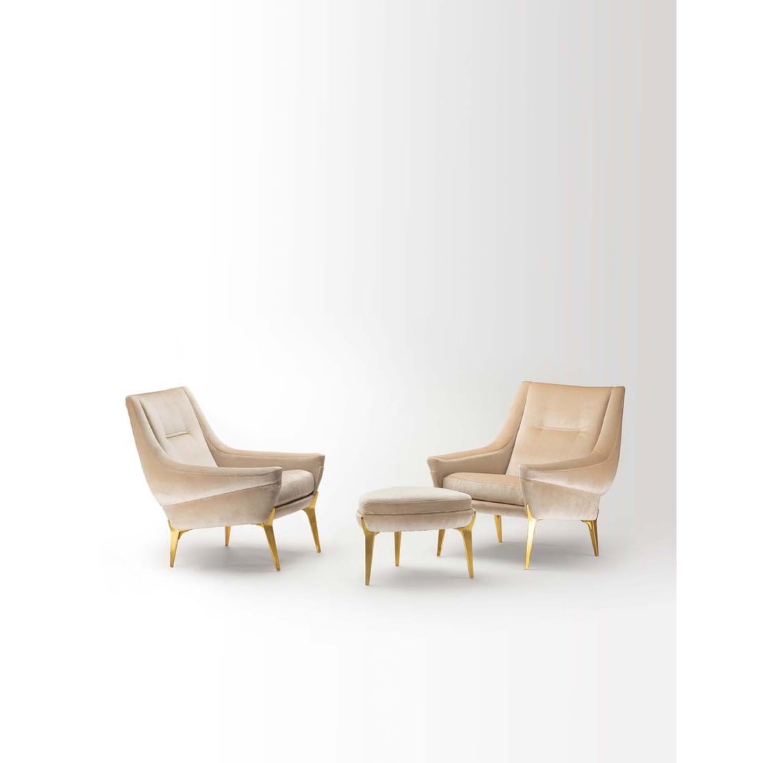 Charles Ramos (born 1925) Pair of armchairs and a footstool: Charles Ramos (born 1925)Pair of armchairs and a footstoolFabric and brassModel created circa 1960Armchair: H 79 × L 75 × W 85 cmFootrest: H 39 × L 55 × W 53 cm