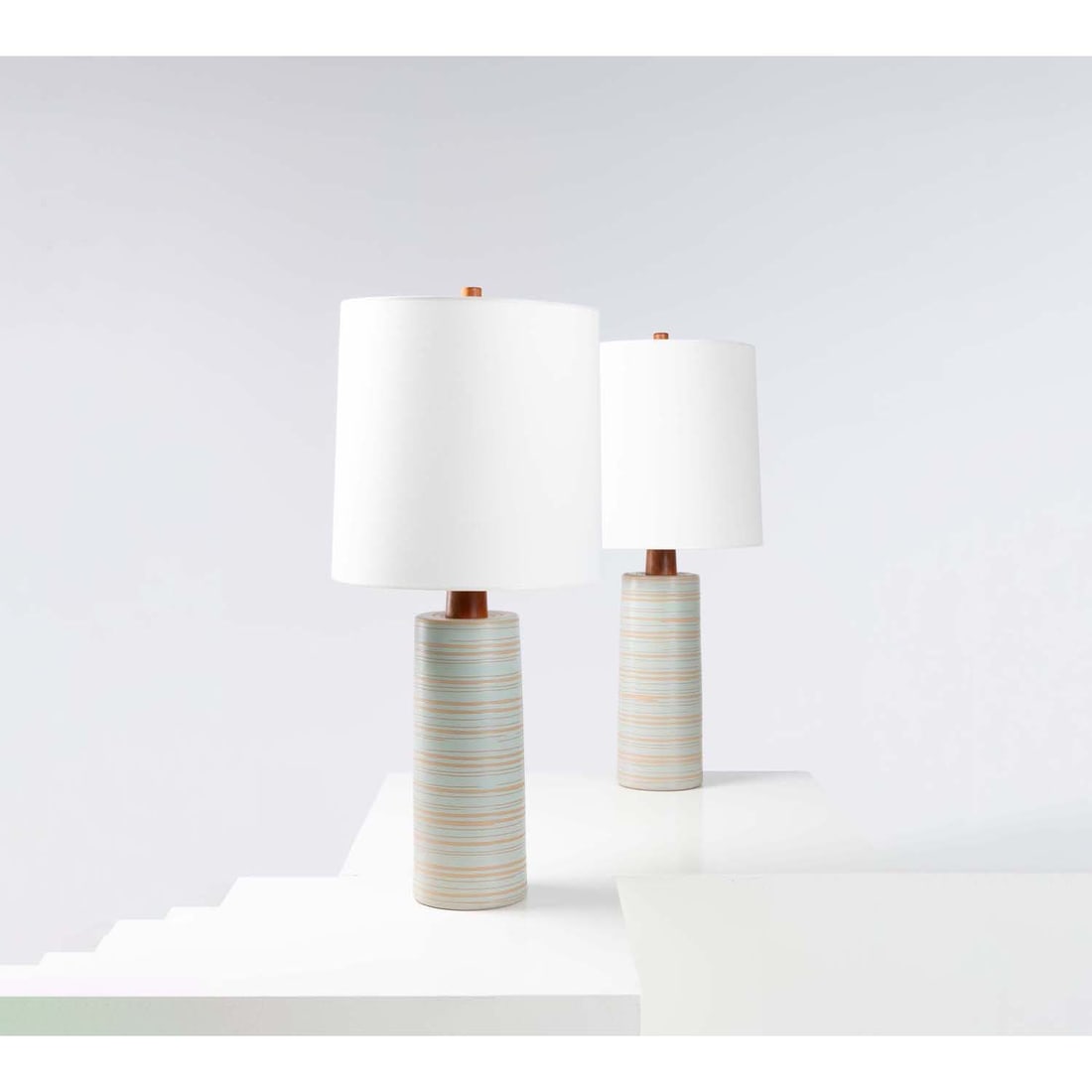 Jane & Gordon Martz (20th c.) Pair of table lamps: Jane & Gordon Martz (20th c.)Pair of table lampsCeramic, walnut, brass and fabricEdited by Marshall StudiosSigned 'Martz' on the basesModel created in the 1960sH 92 × Ø 40,5 cm