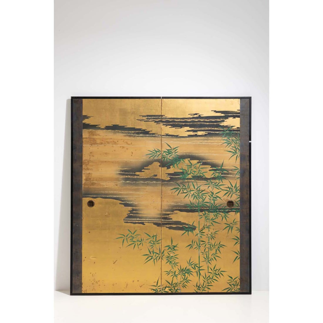 BYOBU (folding screen) in two panels Japan Paper painted with ink and lacquered wood 19th century (1 of 1)