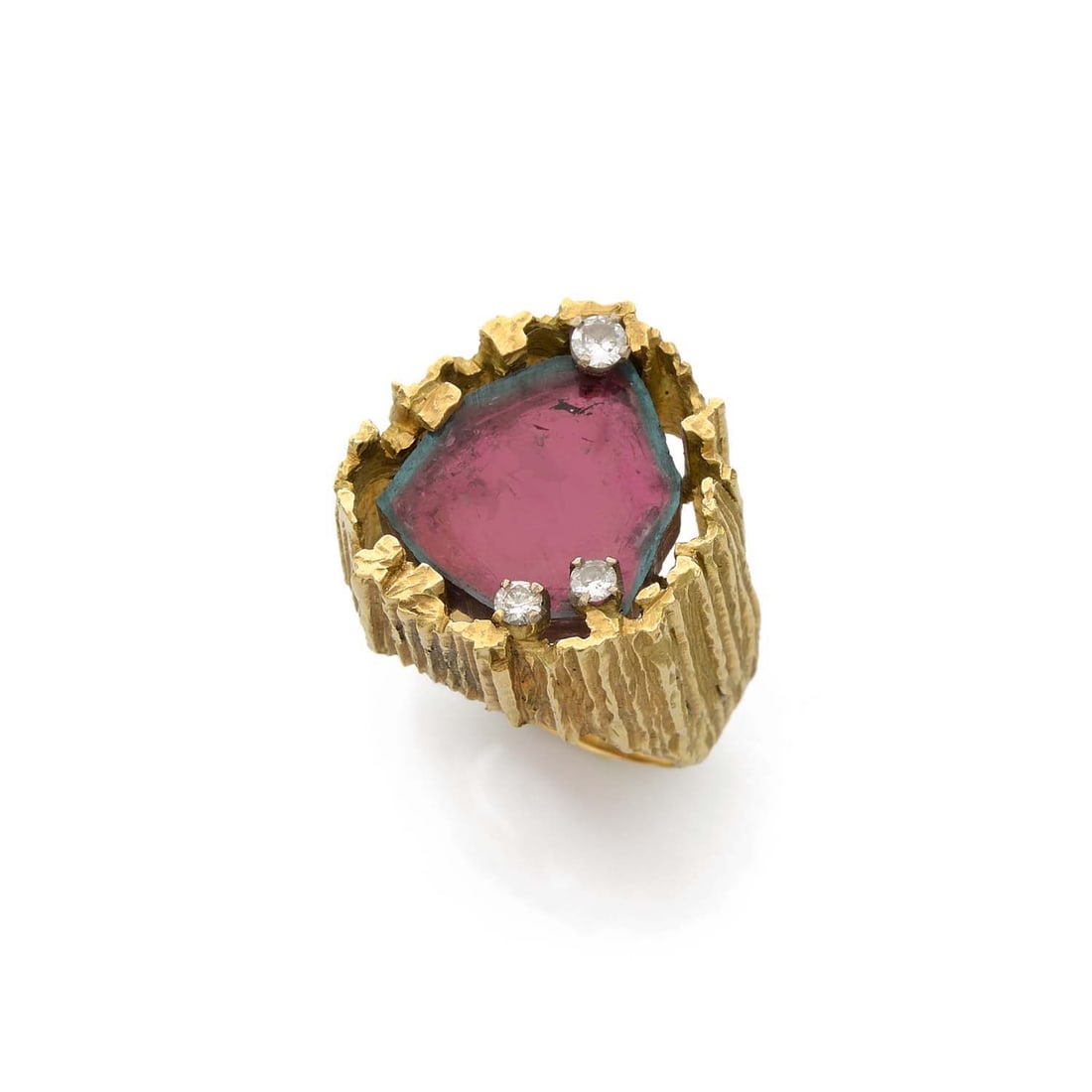 TIFFANY & CO/Andrew GRIMA 1970s: TIFFANY & CO/Andrew GRIMA1970sOriginal ring in 18k textured yellow gold (750‰) shaped like a chimney and holding a tasseled ‘watermelon’ tourmaline between three brilliant cut diamon