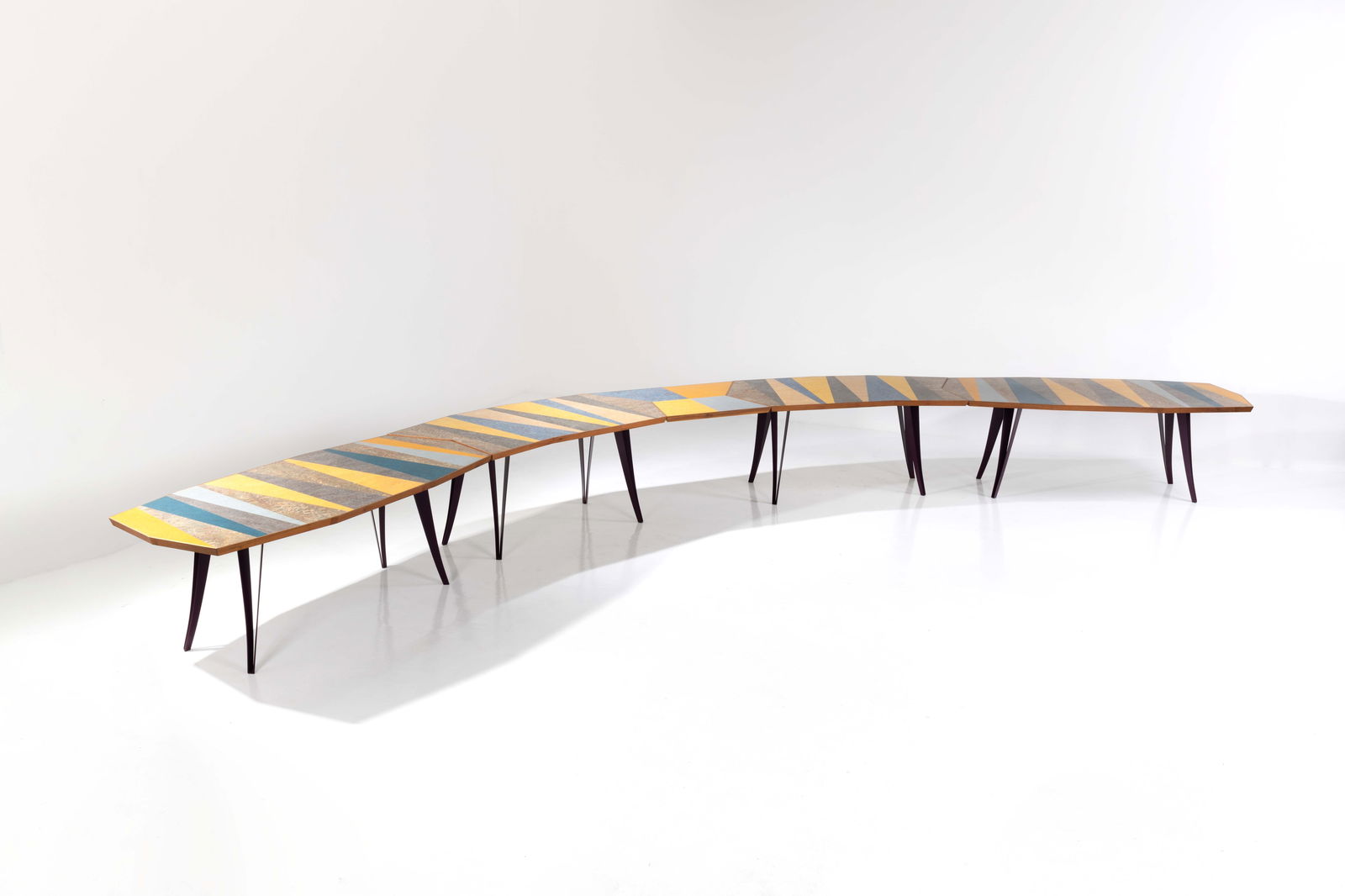 Martino Gamper (born 1971) 'Off Cut Lino': Martino Gamper (born 1971)'Off Cut Lino'Set of four modules forming a tableTeak, linoleum and lacquered metalEdited by Nilufar Model created in 2019In this configuration: H 74,5 × W 867 × D