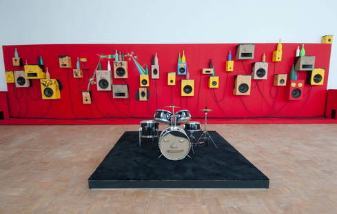 Os Gêmeos (Otavio et Gustavo Pandolfo AKA, born 1974): Os Gêmeos(Otavio et Gustavo Pandolfo AKA, born 1974)Kindergarten, 2011Interactive sound installationWood and mixed materialsSet of five panels of H 200 x W 220 cm each, 30 painted wooden speakers
