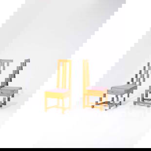 Eliel Saarinen (1873-1950) Pair of 'Jugend' chairs: Eliel Saarinen (1873-1950)Pair of 'Jugend' chairsPine wood and fabricEdited by Bomans Ångsnickeri ABModel created in 1910H 110 × L 45 × W 46 cm