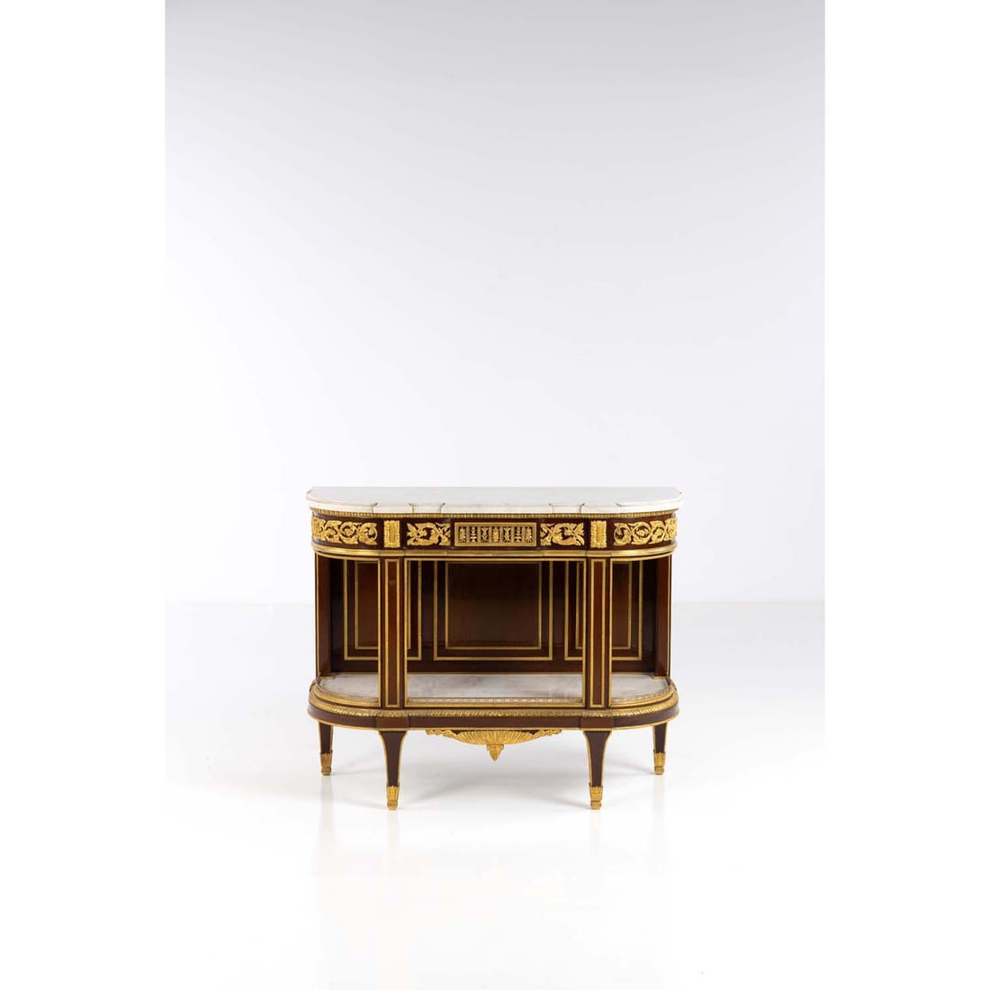 Mahogany and gilded bronze half-moon console table with pillars and column feet ; white marble (1 of 2)