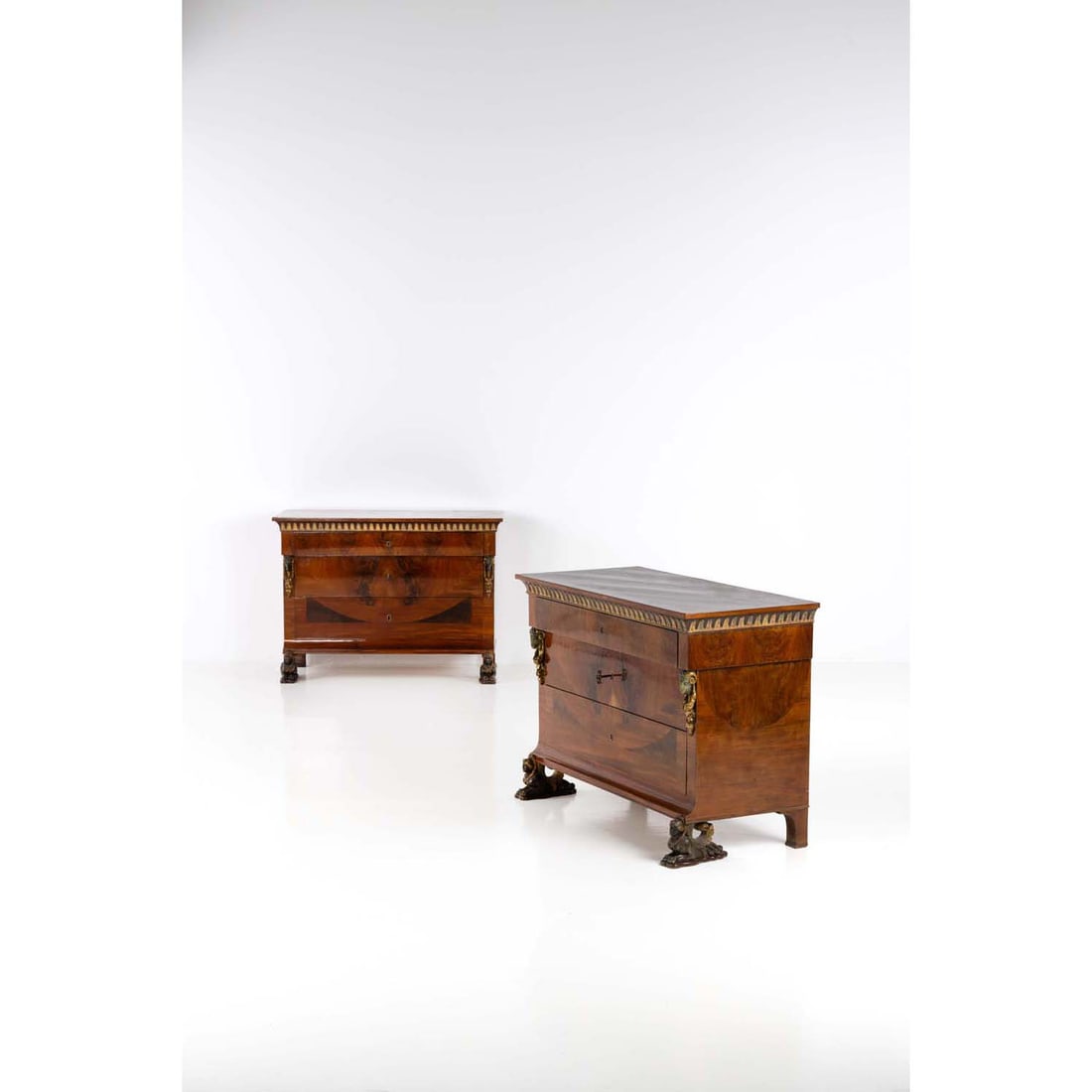 Pair of chests of drawers in flame mahogany, painted and gilded wood, with three drawers and a (1 of 3)