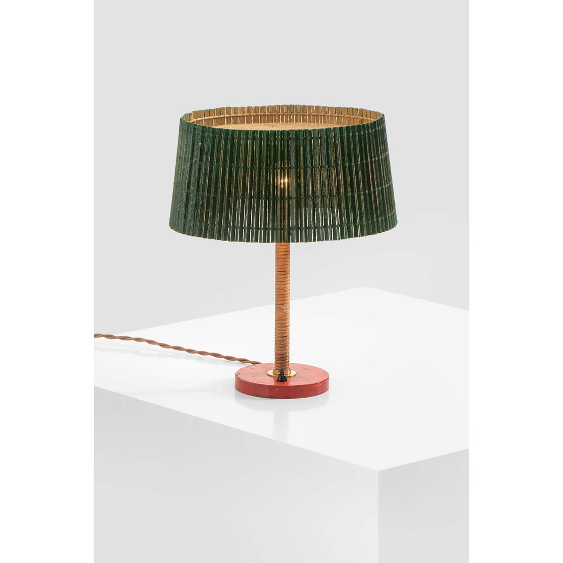 Gunilla Jung (1905-1939) Lamp: Gunilla Jung (1905-1939)LampLacquered metal, rattan, brass, fabric and lacquered wood slats Edited by OrnoModel created circa 1955H 39×Ø 28cm