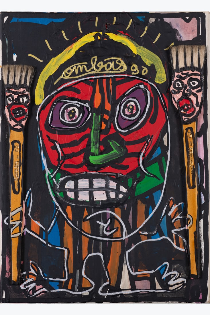 Robert Combas (born 1957) Saint Cracounias et ses deux copains à coiffure de brosse. Il se font la: Robert Combas (born 1957)Saint Cracounias et ses deux copains à coiffure de brosse. Il se font la trinite à eux trois. Mais ils sont pas contents car il leur en manque un pour se taper une b