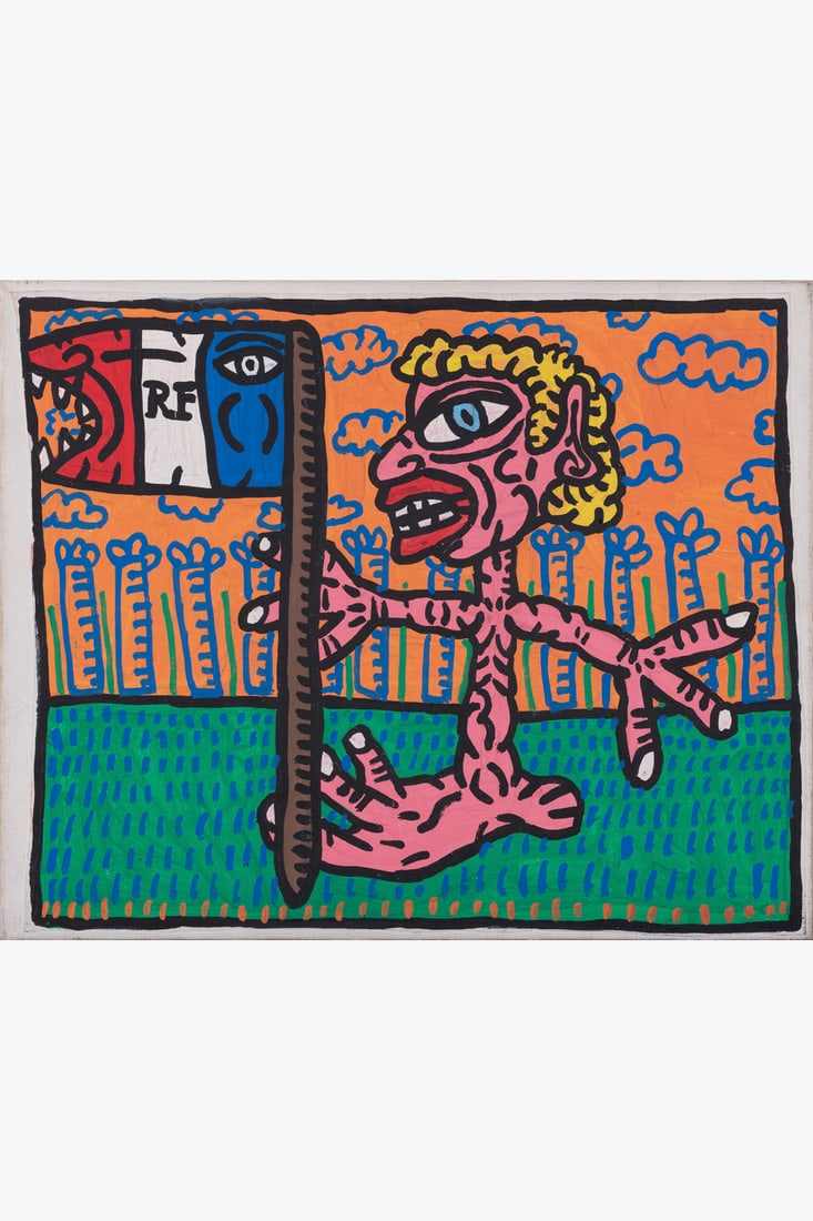 Robert Combas (born 1957) Bernard Filochard porte drapeau de la République Française des amateurs: Robert Combas (born 1957)Bernard Filochard porte drapeau de la République Française des amateurs de quinquètes de boeufsAcrylic and gouache on paper mounted on canvas35 x 43 cmProvenanc