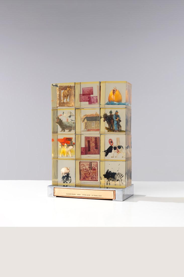 Erró (b: Erró (b. 1932) & Claude Pelieu (1934-2002)Infra noir, 1971-1972Chromed steel structure, twelve movable cubes, cast in translucent polyester, each containing a sculpture by Erro and book by Claude