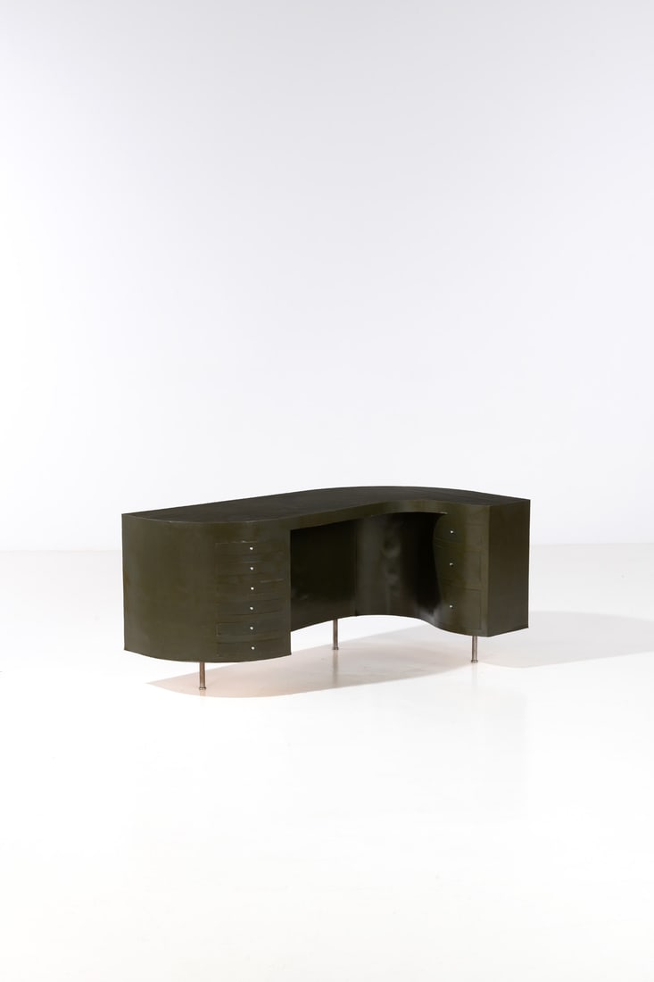 Jasper Morrison (born 1956) (after), & Olivier Massart 'Plywood' desk - Unique piece: Jasper Morrison (born 1956) (after), & Olivier Massart'Plywood' desk - Unique pieceChromed steel, MDF with birch veneer and leatheretteModel created in 1989H 56 × L 174 × W 84 cmNote: Desk c