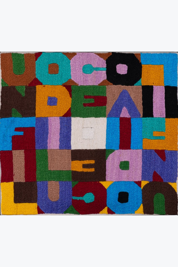 Alighiero Boetti (1940-1994) Un filo di voce un filo di luce, 1992: Alighiero Boetti (1940-1994)Un filo di voce un filo di luce, 1992Embroidery on canvas mounted on woodSigned and annotated on the back22,5 x 24 cmProvenance: Private collection, BelgiumThis work is ref
