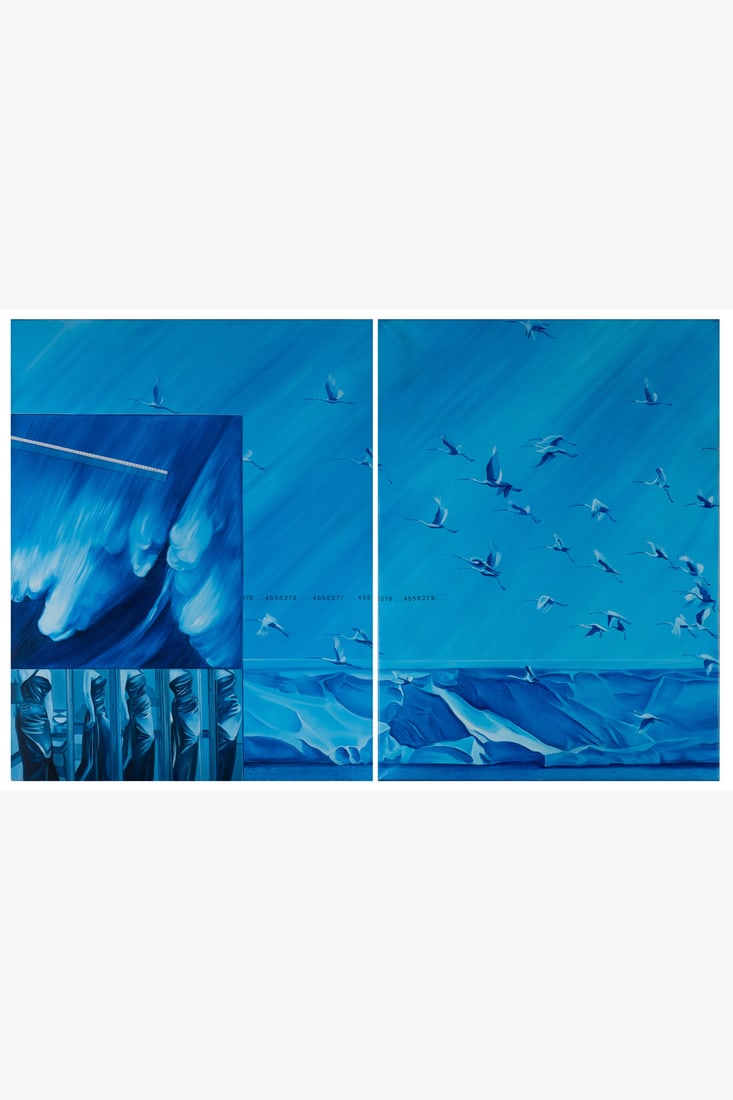 Jacques Monory (1924-2018) Mesures n°2A, 1972 (diptych): Jacques Monory (1924-2018)Mesures n°2A, 1972 (diptych)Oil on canvasSigned, dated, titled and annotated on the back (right-hand side work)146 x 115 cm (each)146 x 230 cm (set)Provenance: Private c