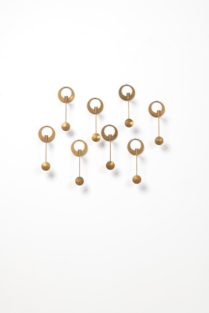 Arthur Pe (20th c.) Set of eight wall-mounted candle holders: Arthur Pe (20th c.)Set of eight wall-mounted candle holdersBrassEdited by KolbäckModel created circa 1965H 21,5 × L 7,5 × W 7 cm