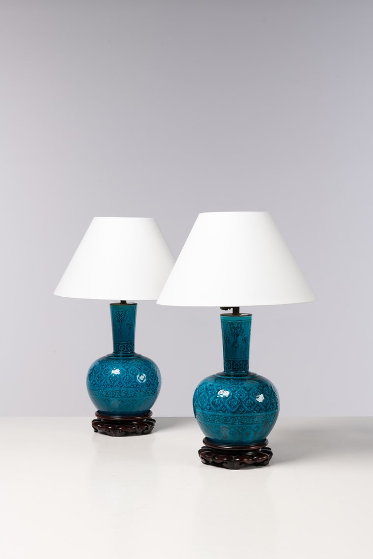 Théodore DECK (1823-1891) Pair of lamp-mounted vases: Théodore DECK (1823-1891) Pair of lamp-mounted vasesEnamelled ceramicMonogrammed ‘THD’ on the baseCreated around 1880H 24 cmResting on wooden bases in the Chinese style