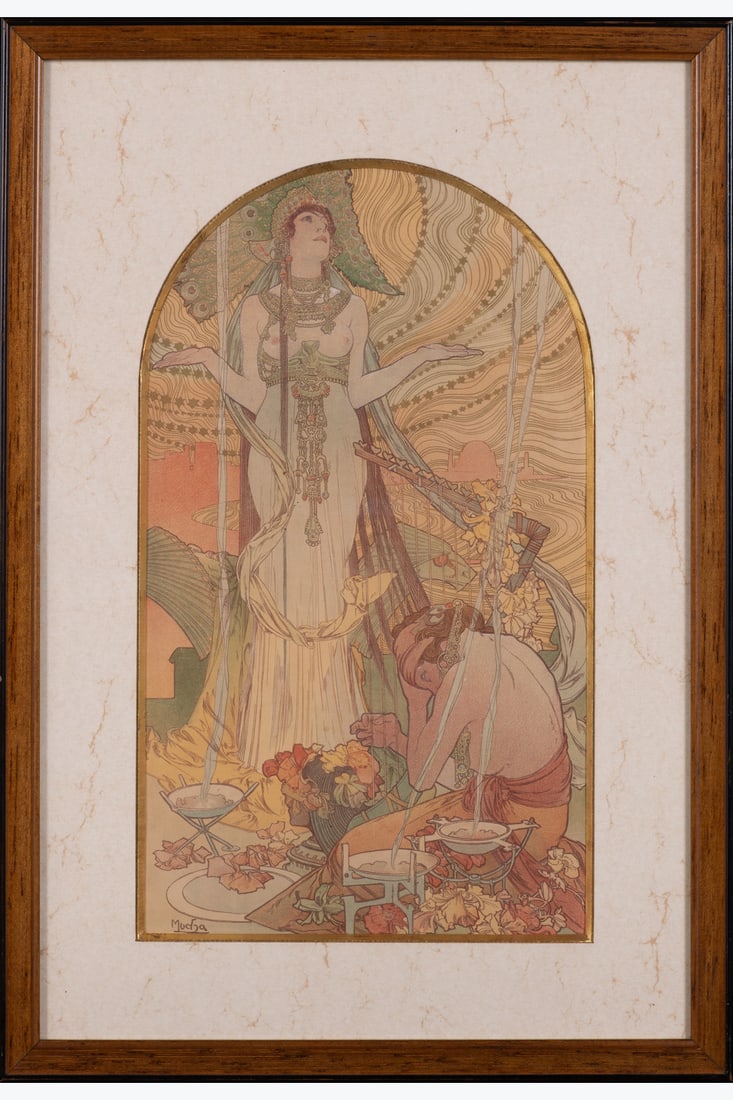 Alphonse MUCHA (1860-1939) Incantation ou Salammbô: Alphonse MUCHA (1860-1939)Incantation ou Salammbô 1897Gold-enhanced colour lithograph on Japon paperSigned ‘Mucha’for l'Estampe ModerneH 37.5 x W 22 cm Margins 48 x 32 cm
