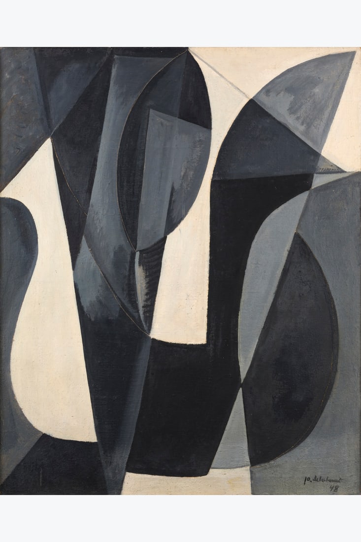 JO DELAHAUT (1911-1992) Impression grise, 1948: JO DELAHAUT (1911-1992)Impression grise, 1948Huile sur toileSignée et datée en bas à droiteTitrée sur le châssisOlieverf op doekGetekend en gedateerd rechtsonderGetiteld op he