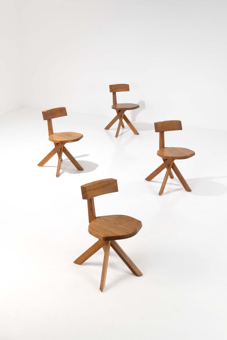 Pierre Chapo (1927-1987) Suite de quatre chaises - Modèle S34 dit: Pierre Chapo (1927-1987)Suite de quatre chaises - Modèle S34 dit'Faisceaux'OrmeModèle créé en 1973H 70 × L 40 × P 46 cmBibliographie : H. Magen et al., "Pierre Chapo, una