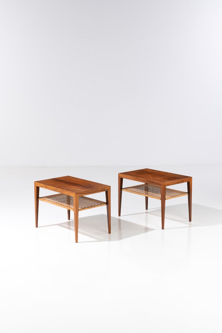 Severin Hansen (né en 1909) Paire de tables d'appoint: Severin Hansen (né en 1909)Paire de tables d'appointTeck et rotinÉdition Haslev Møbelsnedkeri A/SÉtiquette d'éditeurModèle créé vers 1955H 50 × L 70 ×