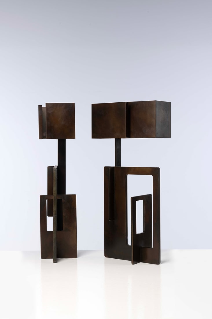 Angelo Brotto (1914-2002) Pair of table lamps: Angelo Brotto (1914-2002)Pair of table lampsPatinated steelEdited by EsperiaManufacturer's labelModel created circa 1990H 72 × L 30 × W 17 cm